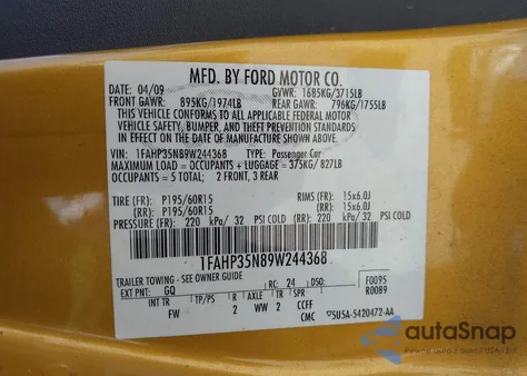 2009 Ford Focus Se z USA, uszkodzony, nr VIN 1FAHP35N89W244368